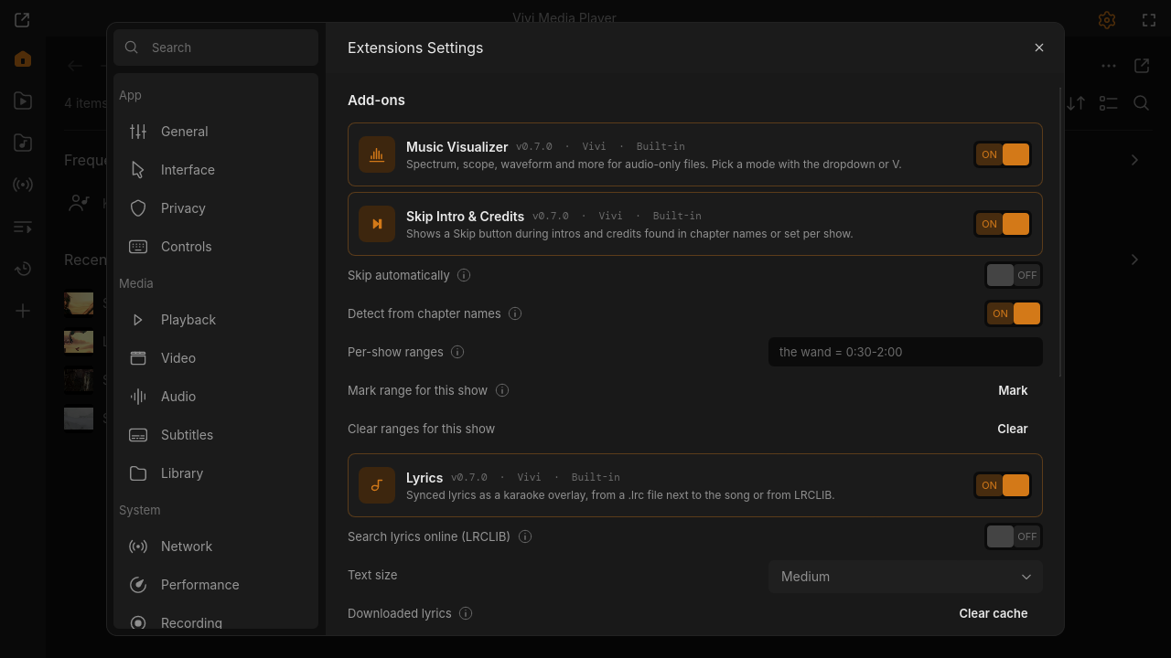 Extensions settings